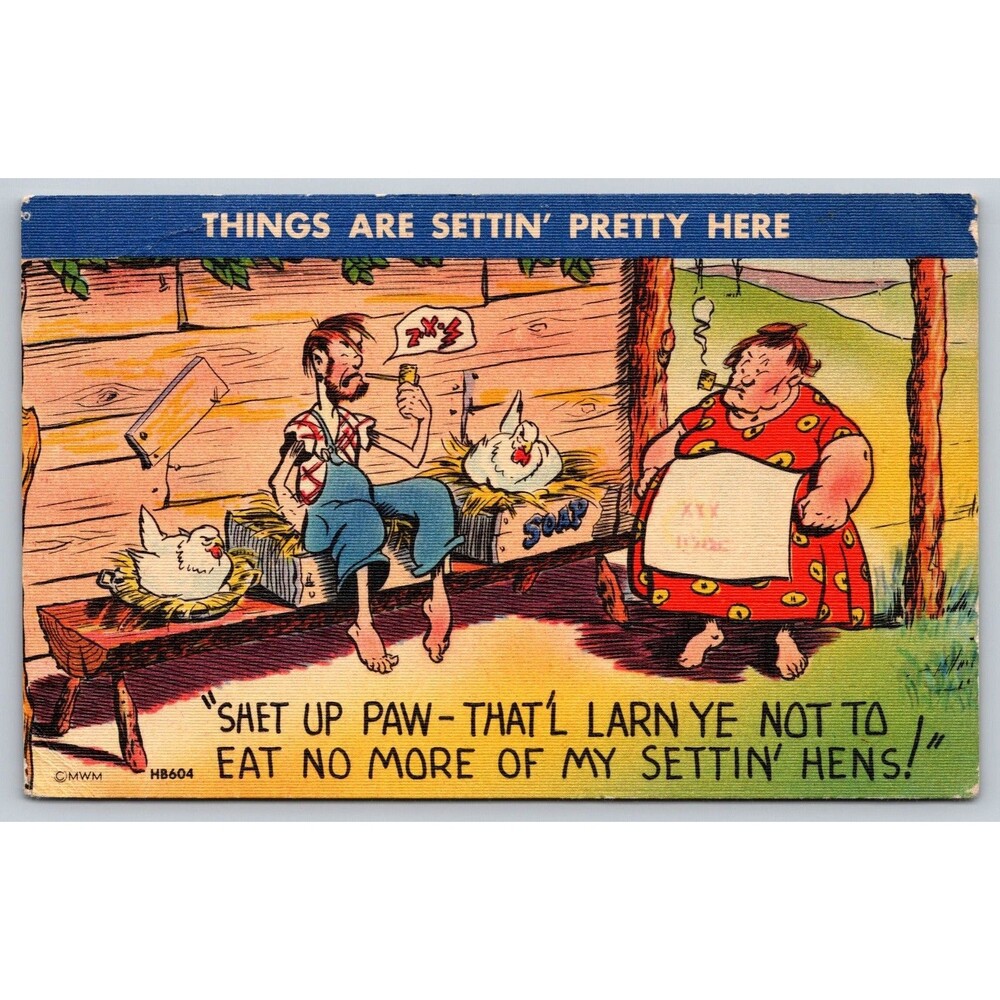 Vintage Hillbilly Humor Postcard MWM HB604 Settin' Hens Comic Art Unposted MO